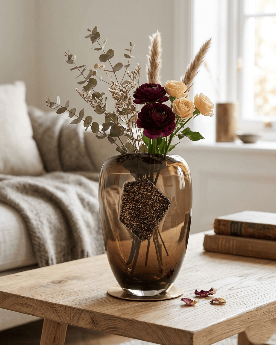 Dalian Glory Brown Vase With Glass Block -M