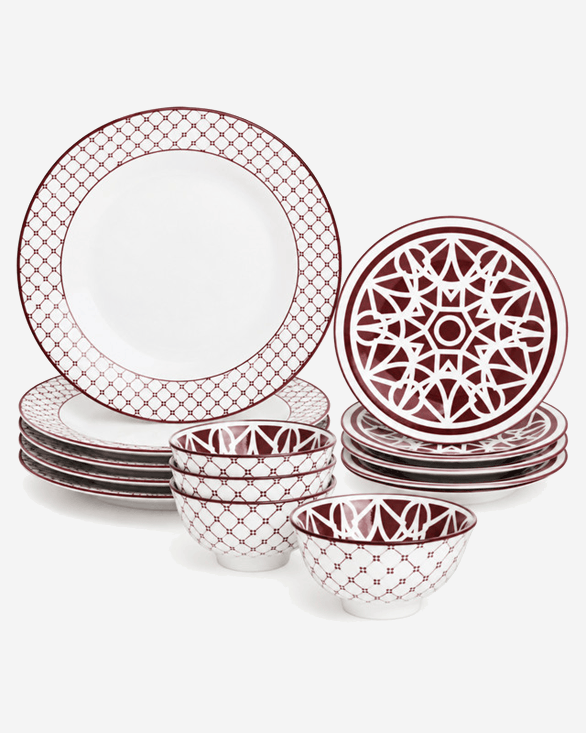 Shallow AMALFI 12-Pc Porcelain Dinner Set Red & White