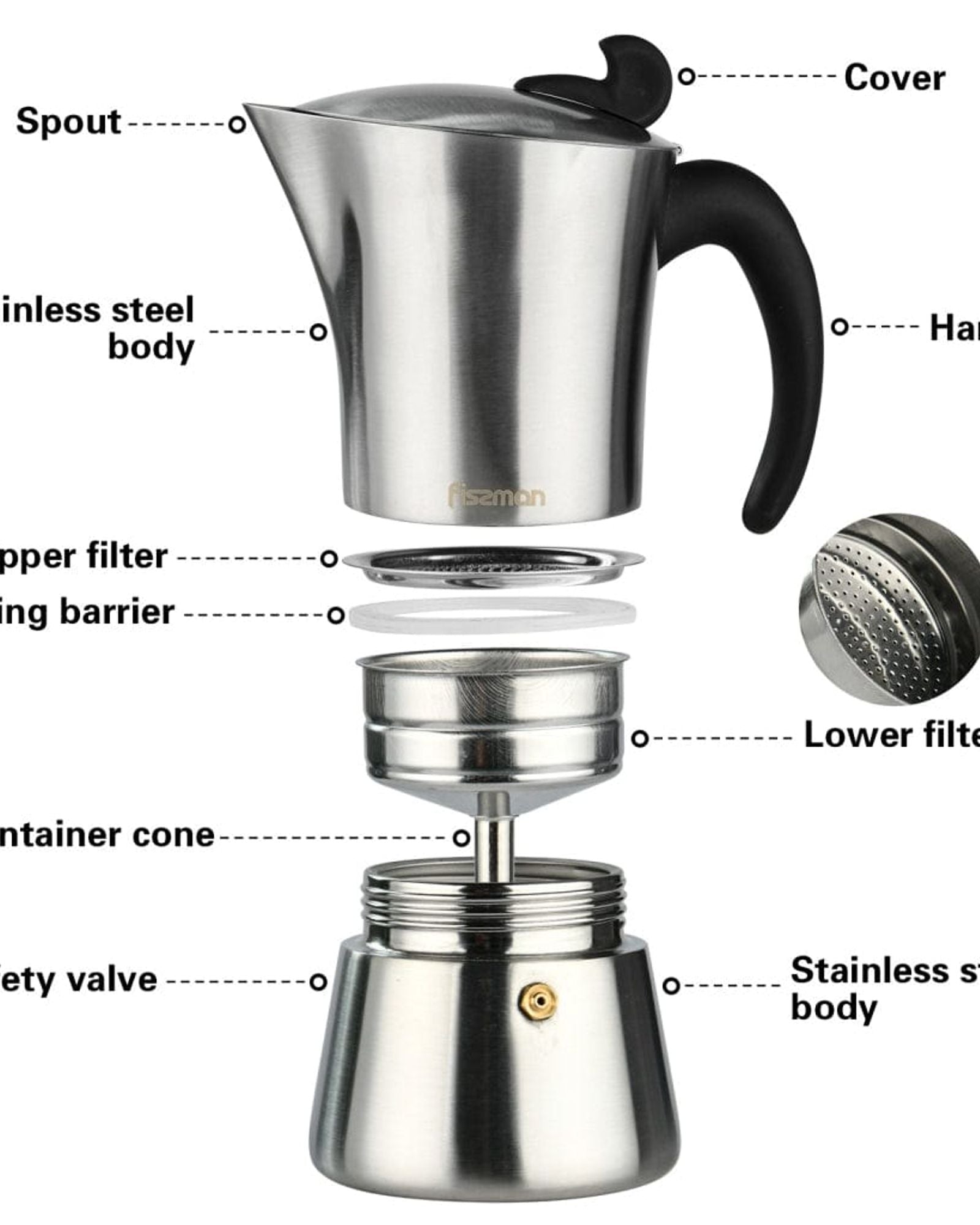 Fissman Espresso Maker Stainless Steel Stovetop For 6 Cups Silver/Black 360ml