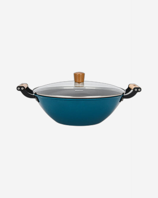 Fissman Wok Seagreen Series 32x10.5cm/5LTR With Glass Lid (Enamelled Lightweight Cast Iron With Non-Stick Coating)