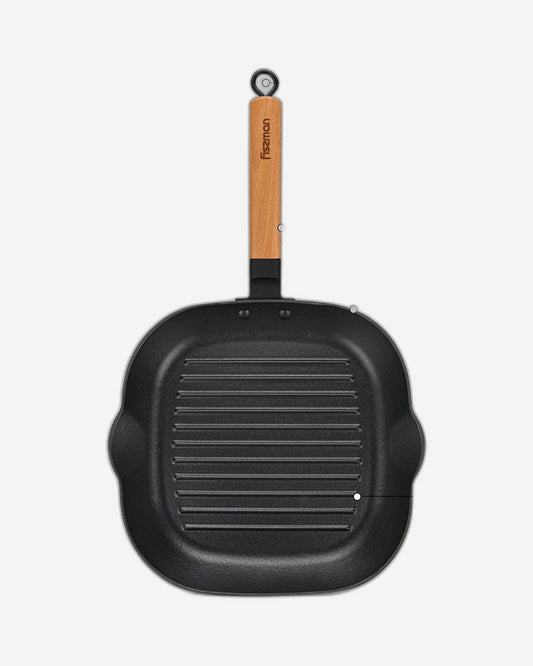 Fissman Square Grill Pan 28x3.5cm With Wooden Handle (Enamel Cast Iron)