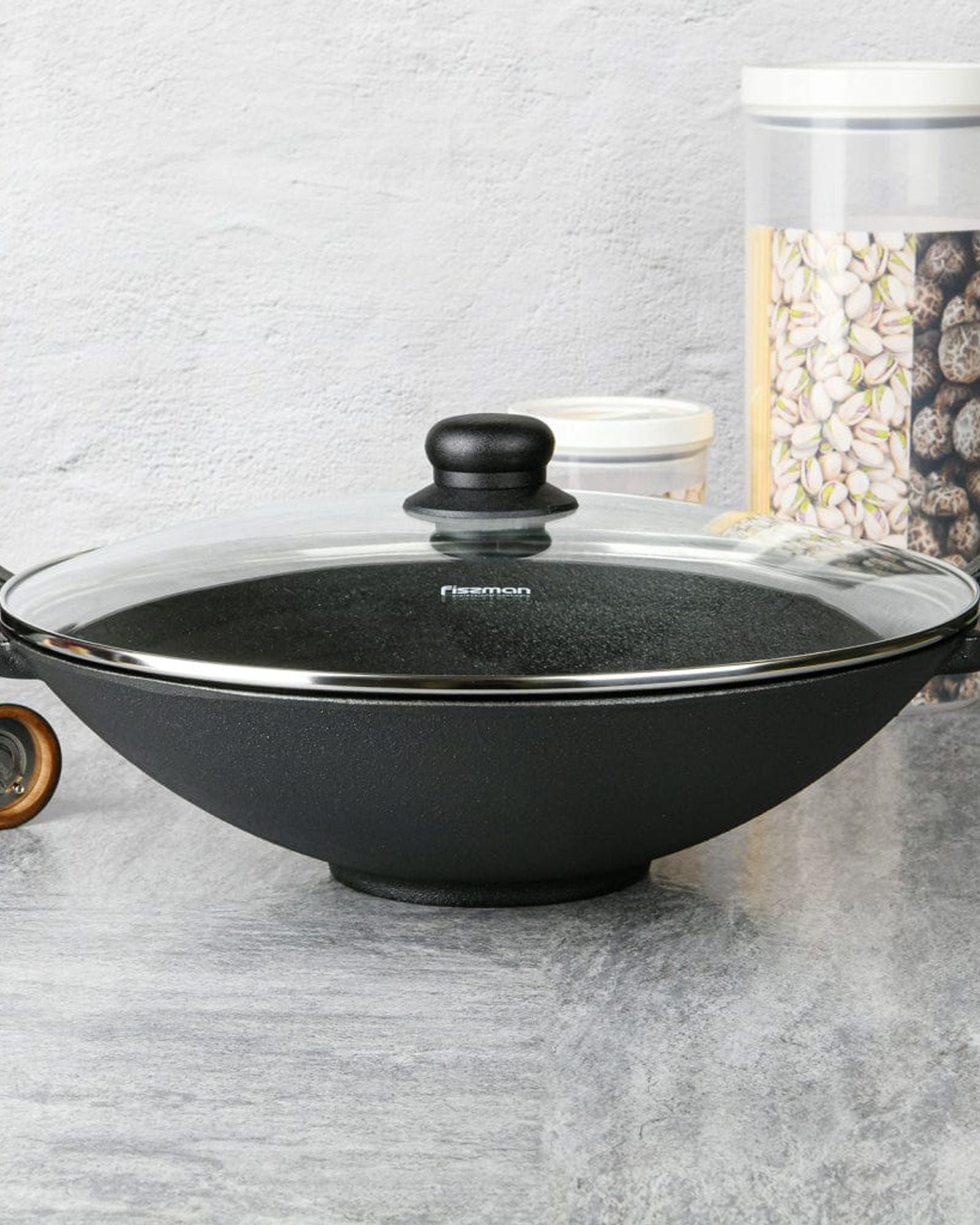 Fissman Wok With Glass Lid Cast Iron 35x10.4cm/4.85LTR Black/Clear