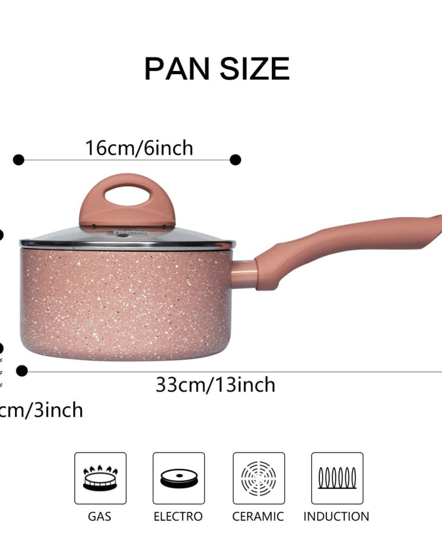 Fissman Saucepan With Glass Lid 16x8cm/1.5LTR Aluminium Latte Series Marble Coated Pink/Clear