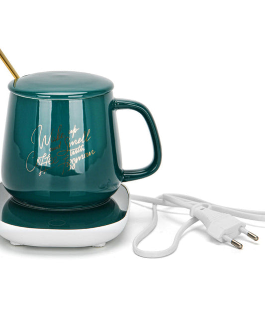 Fissman Ceramic Cup Constant Temperature Warmer Mug With Heater And Spoon Set Green 400ml