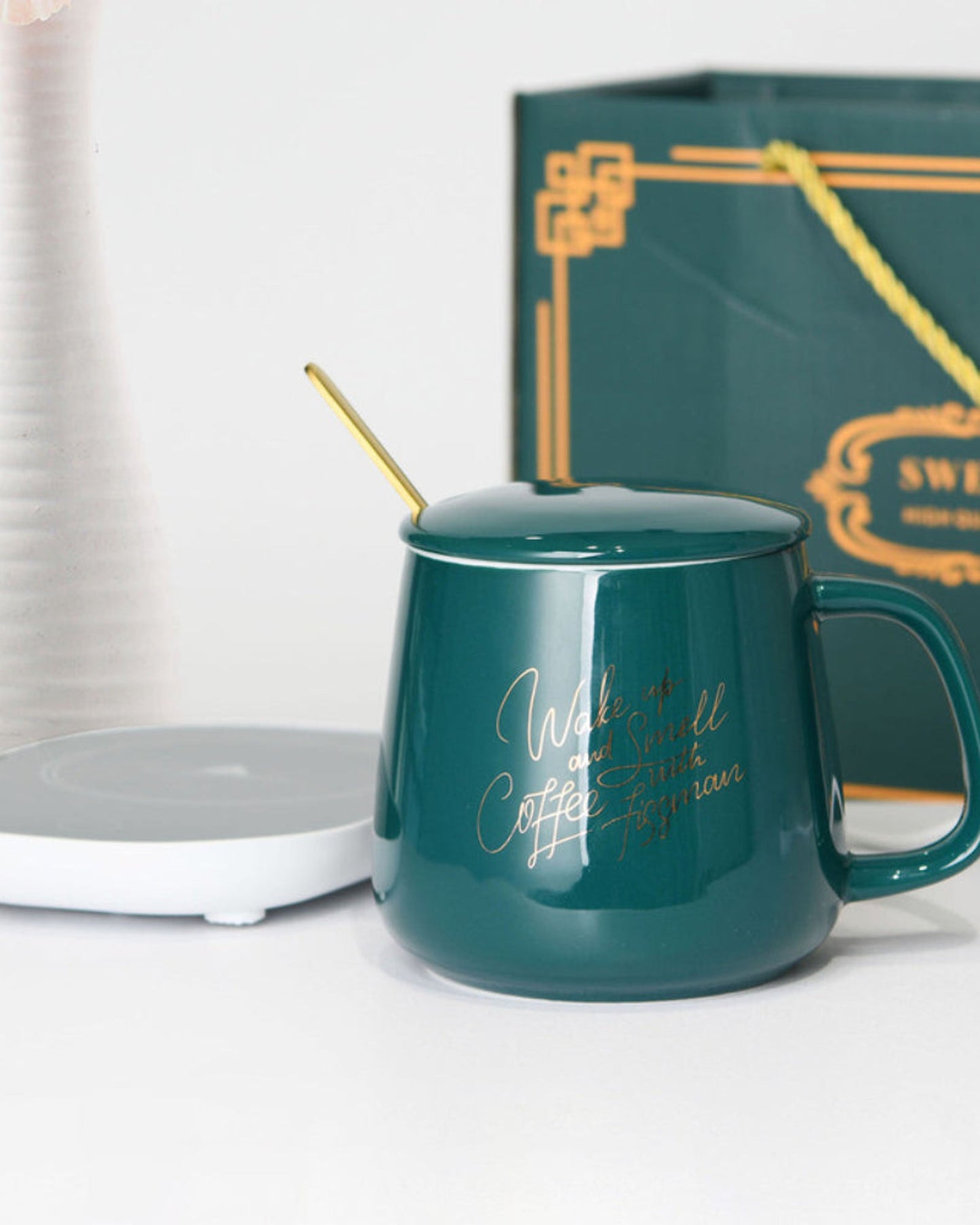 Fissman Ceramic Cup Constant Temperature Warmer Mug With Heater And Spoon Set Green 400ml