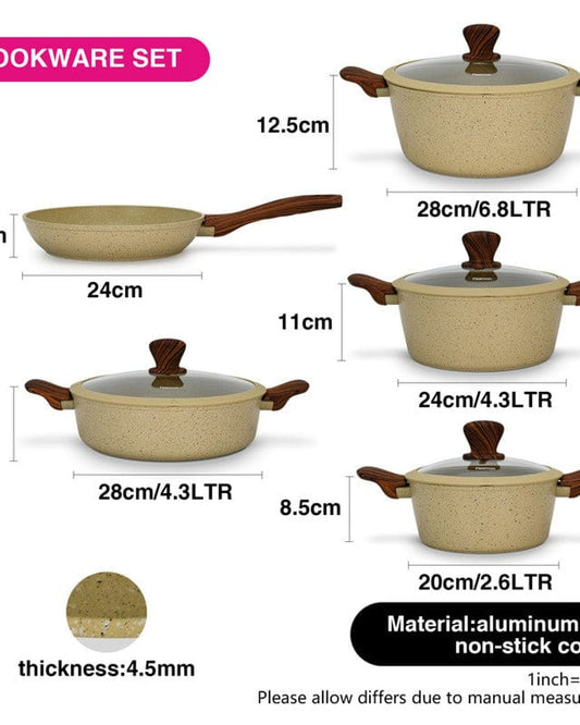 Fissman 9-Piece Cookware Set Radiant Cream Casserole With Glass Lid 20X8.5 Cm. Casserole With Glass Lid 24X11 Cm. Casserole With Glass Lid 28X12.5 Cm. Shallow Pot With Glass Lid 28X8 Cm. Frying Pan 24X5Cm