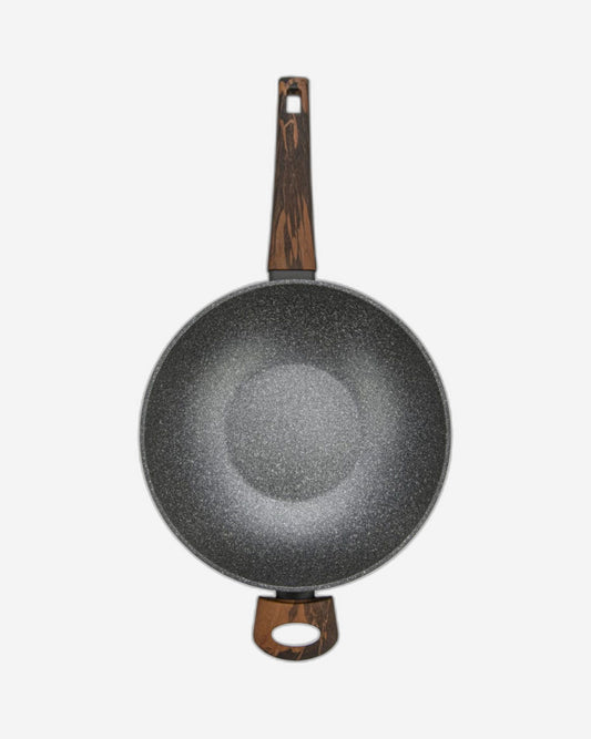 Fissman Wok Pan With Glass Lid Capella Series 28x8.5cm/3.5Liters Aluminum With Non-Stick Coating Capella And Double Screw Handle Black/Brown