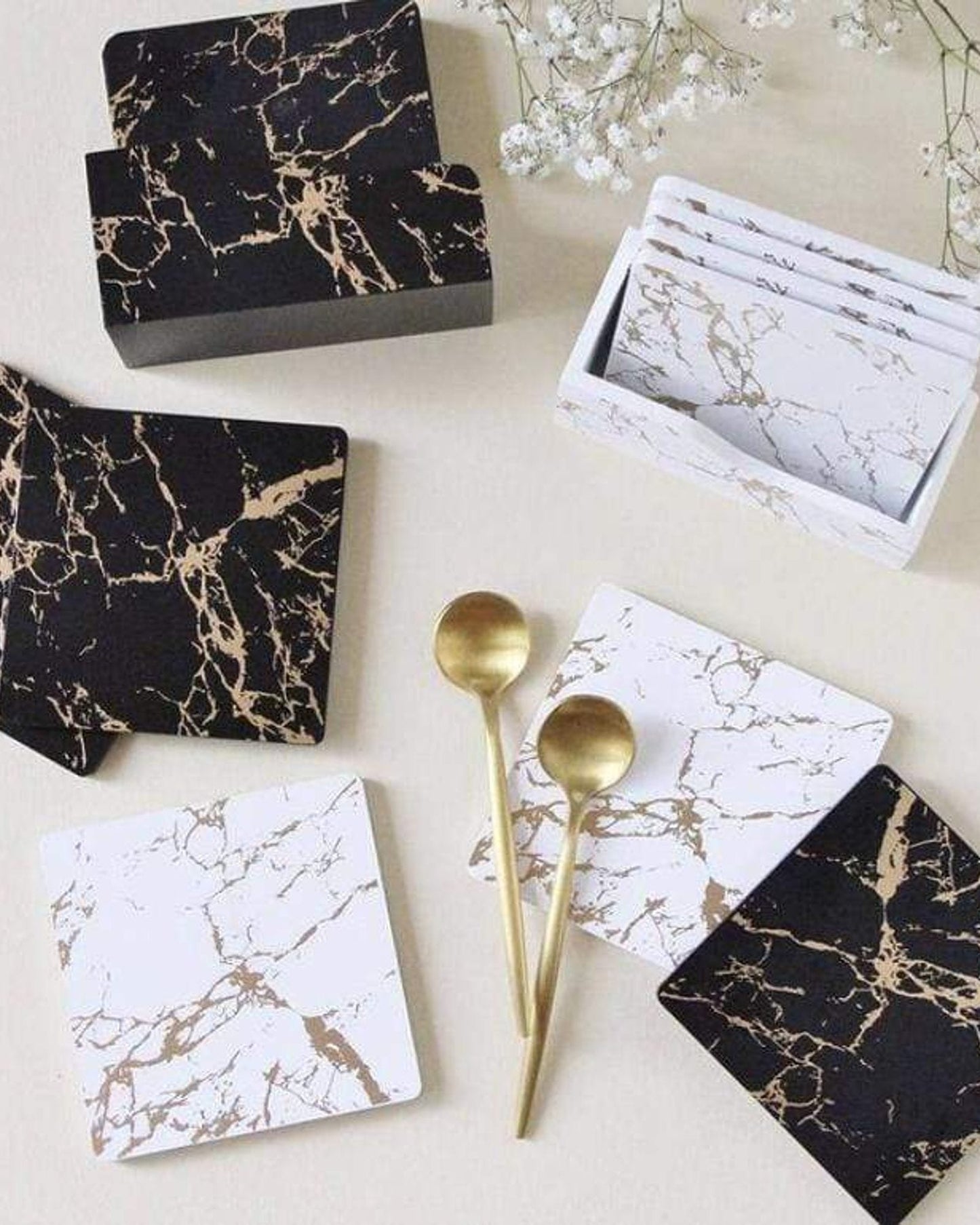 Aish Home Set Of 6 Marble Wooden Coasters With Stand White and Gold - A029