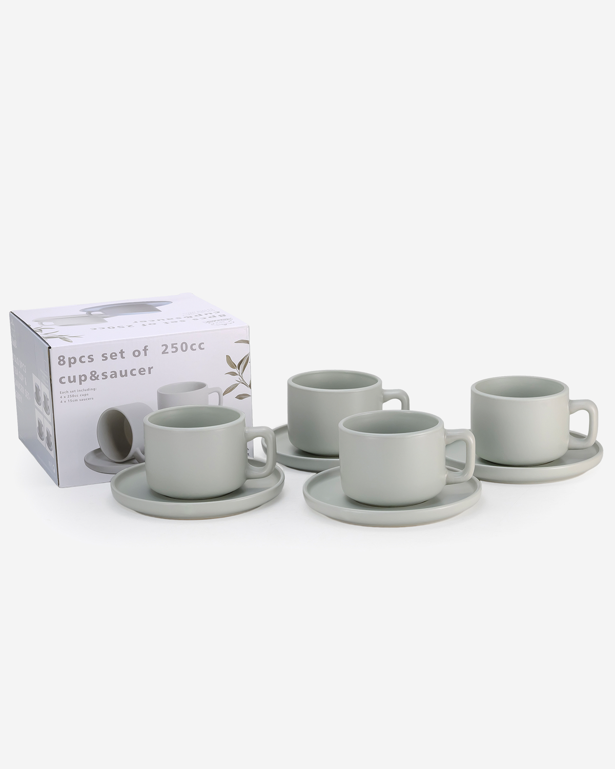 Shallow Oslo Stoneware Tea Cup & Saucer Set, 8-Piece, 250ml, Green, Nordic Style, 4 Cups & 4 Matching Saucers