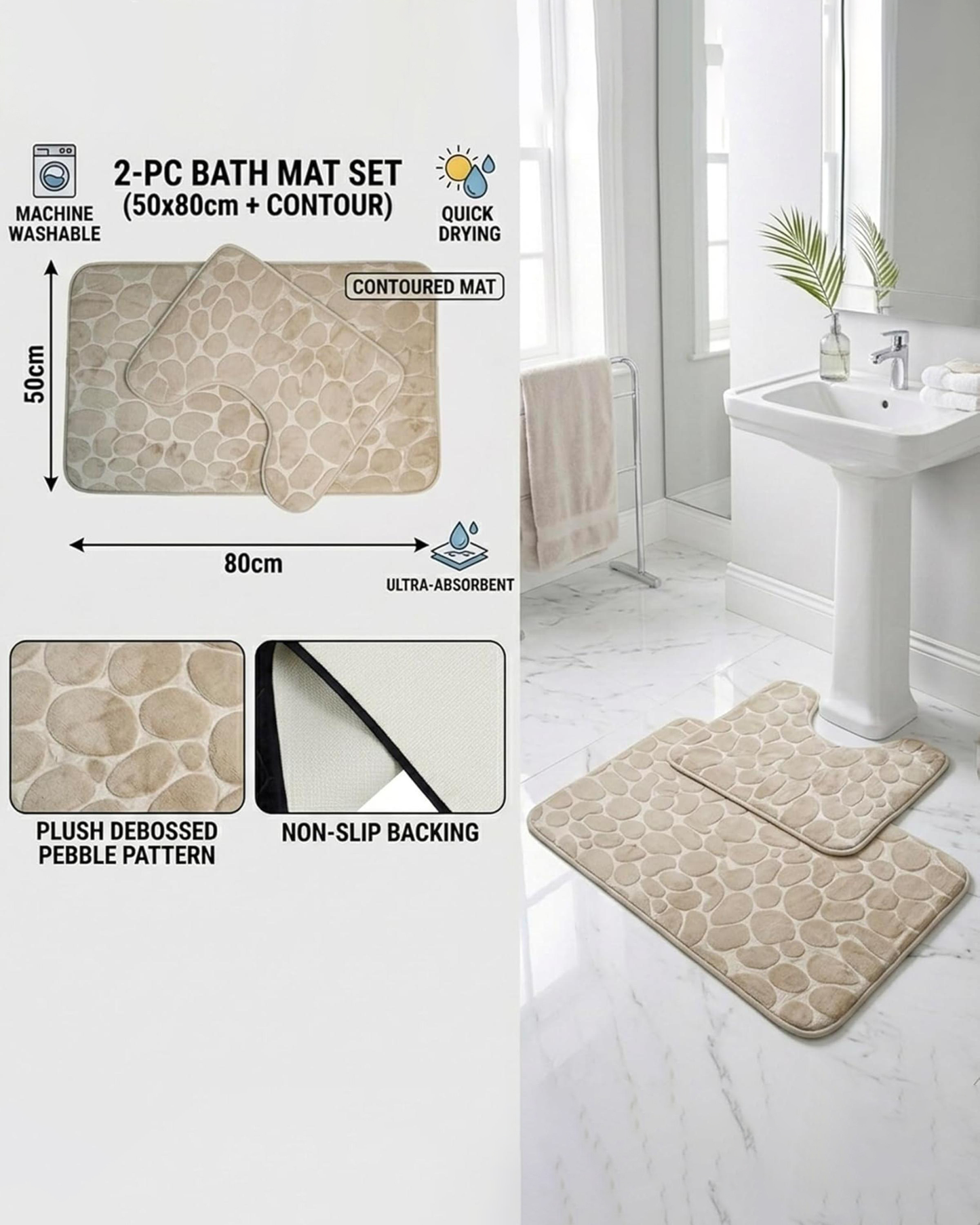 Cuisine Art Memory Foam Bath Mat Set (2 Pcs)