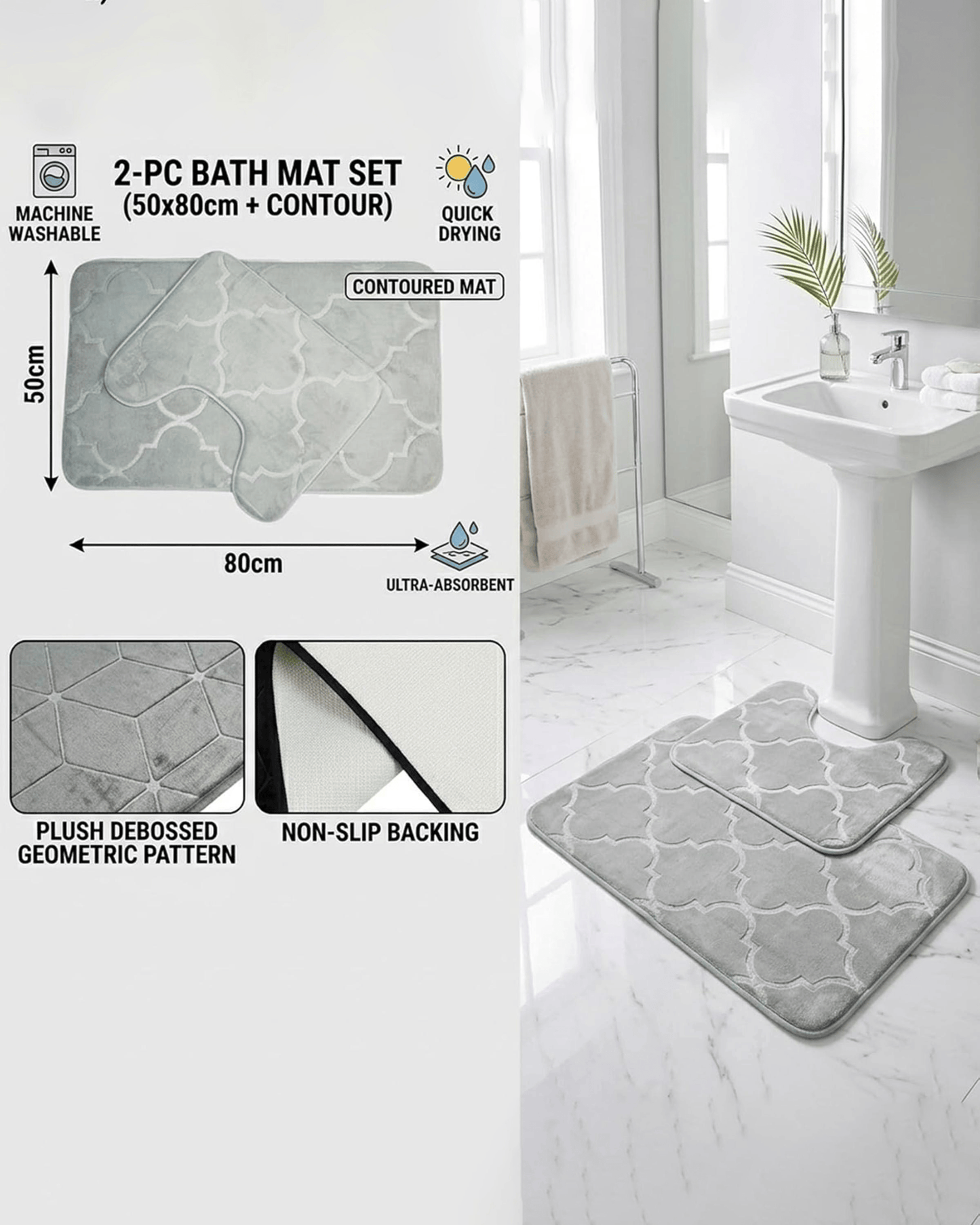 Cuisine Art Memory Foam Bathroom Mat Set (2 Pcs) Grey