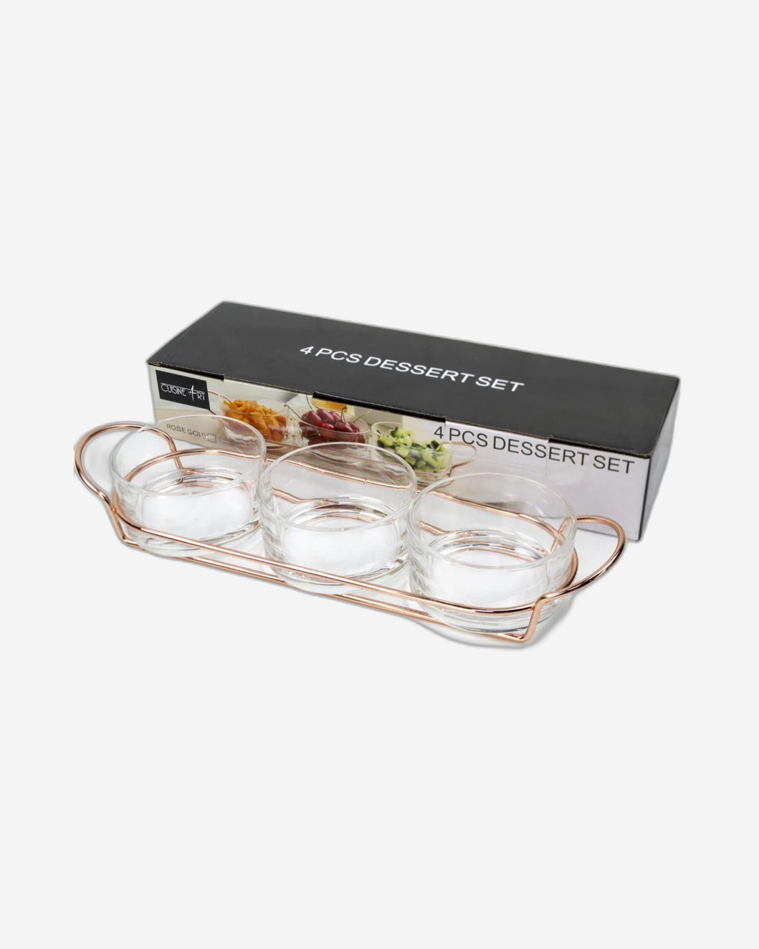 Cuisine Art Rose Gold Glass Dessert Set with Stylish Metal Stand - 4-Piece Serving Ensemble Partyware dessert set