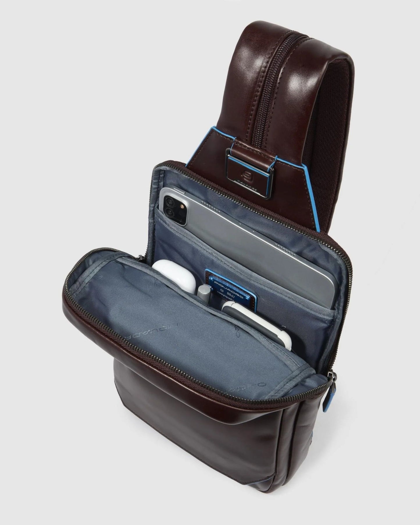 Piquadro Blue Square RFID Protection Convertible Sling Bag Leather Mahogany