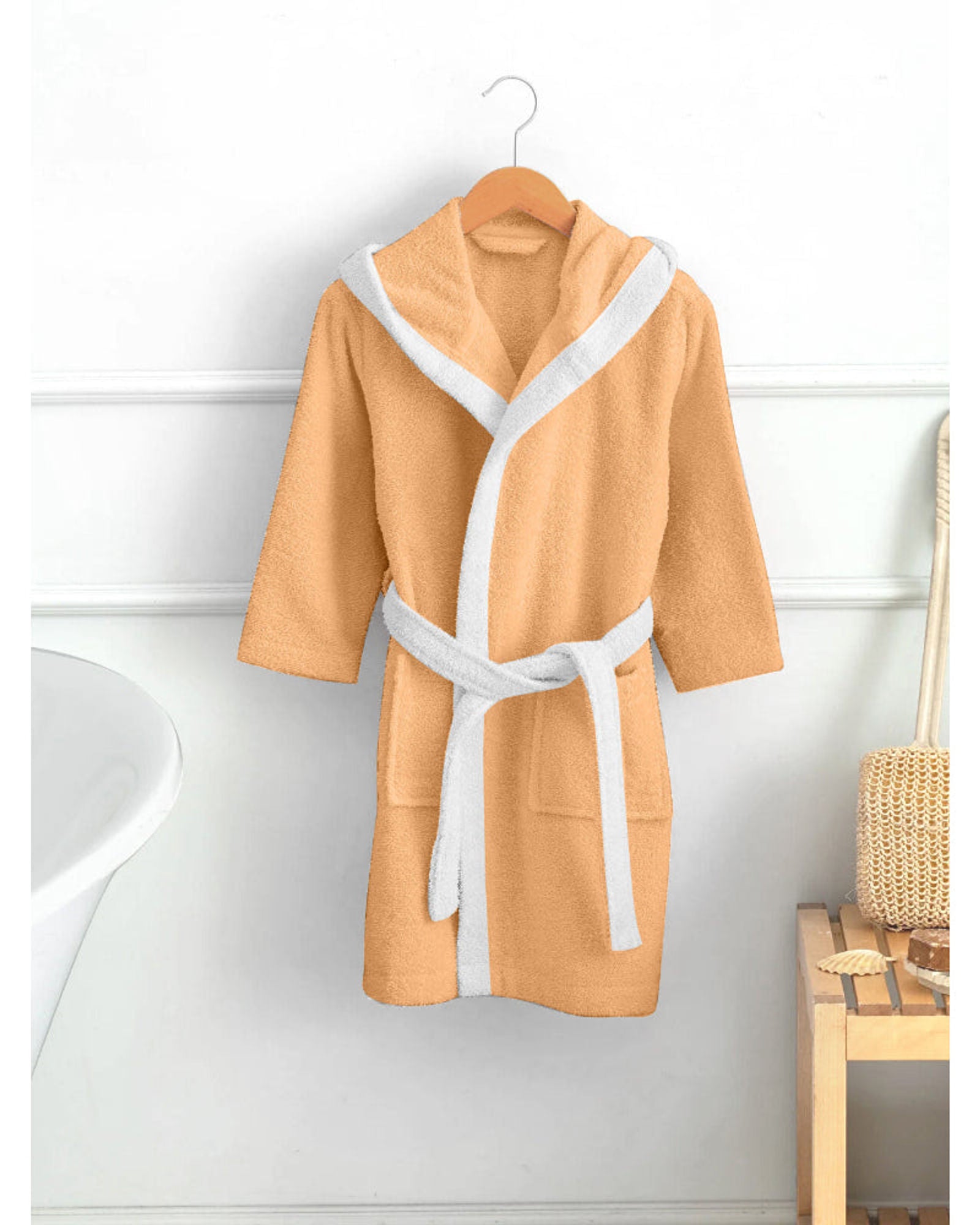 Cotton Home Bear Embroidered Kids Bathrobe with Hood and Tie Up Belt Peach
