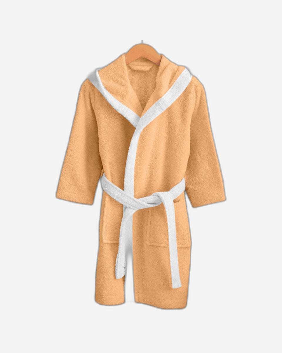 Cotton Home Bear Embroidered Kids Bathrobe with Hood and Tie Up Belt Peach