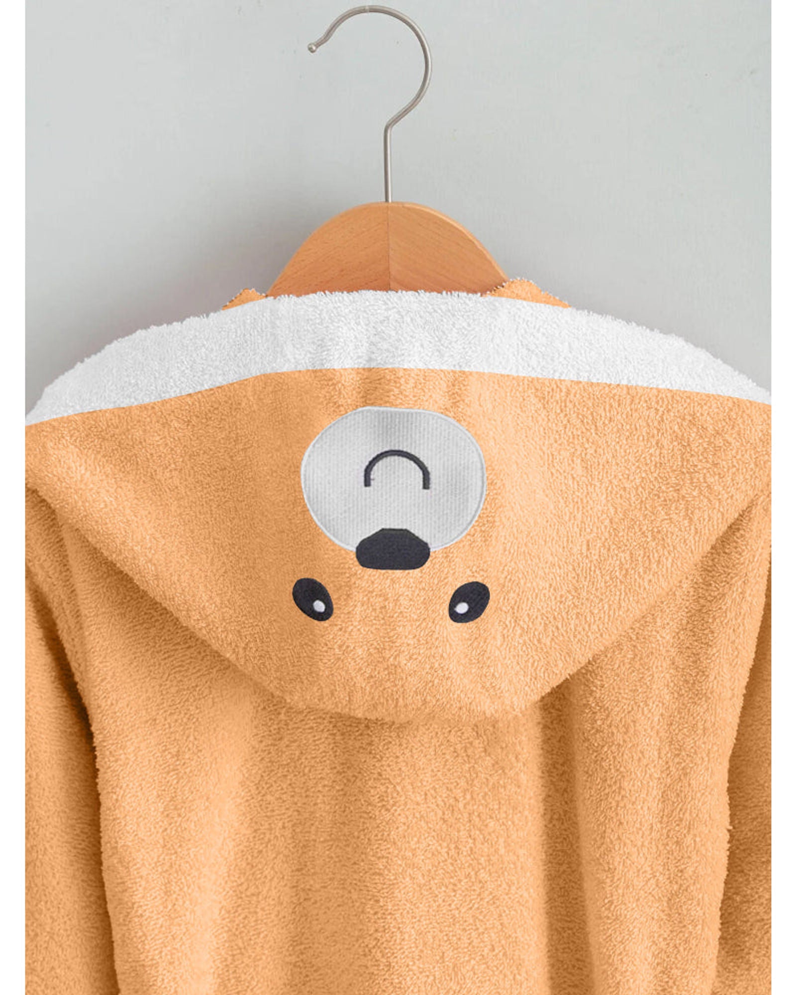 Cotton Home Bear Embroidered Kids Bathrobe with Hood and Tie Up Belt Peach