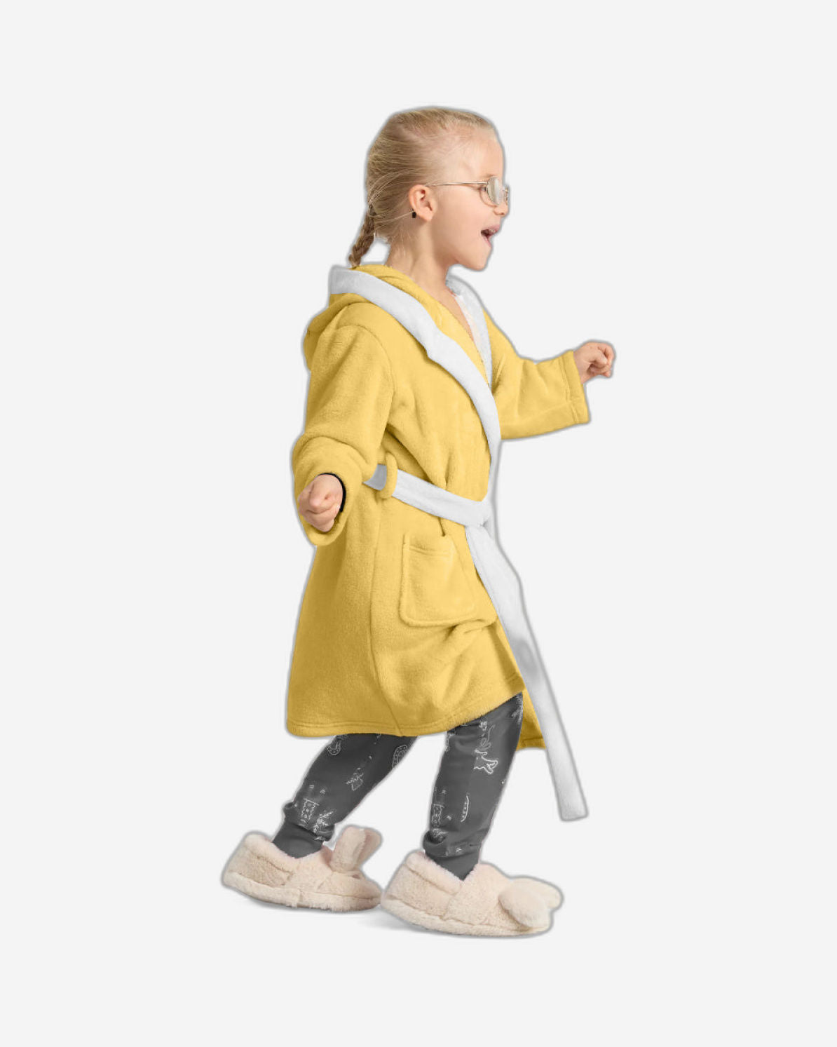 Cotton Home Duck Embroidered Kids Bathrobe with Hood and Tie Up Belt Yellow
