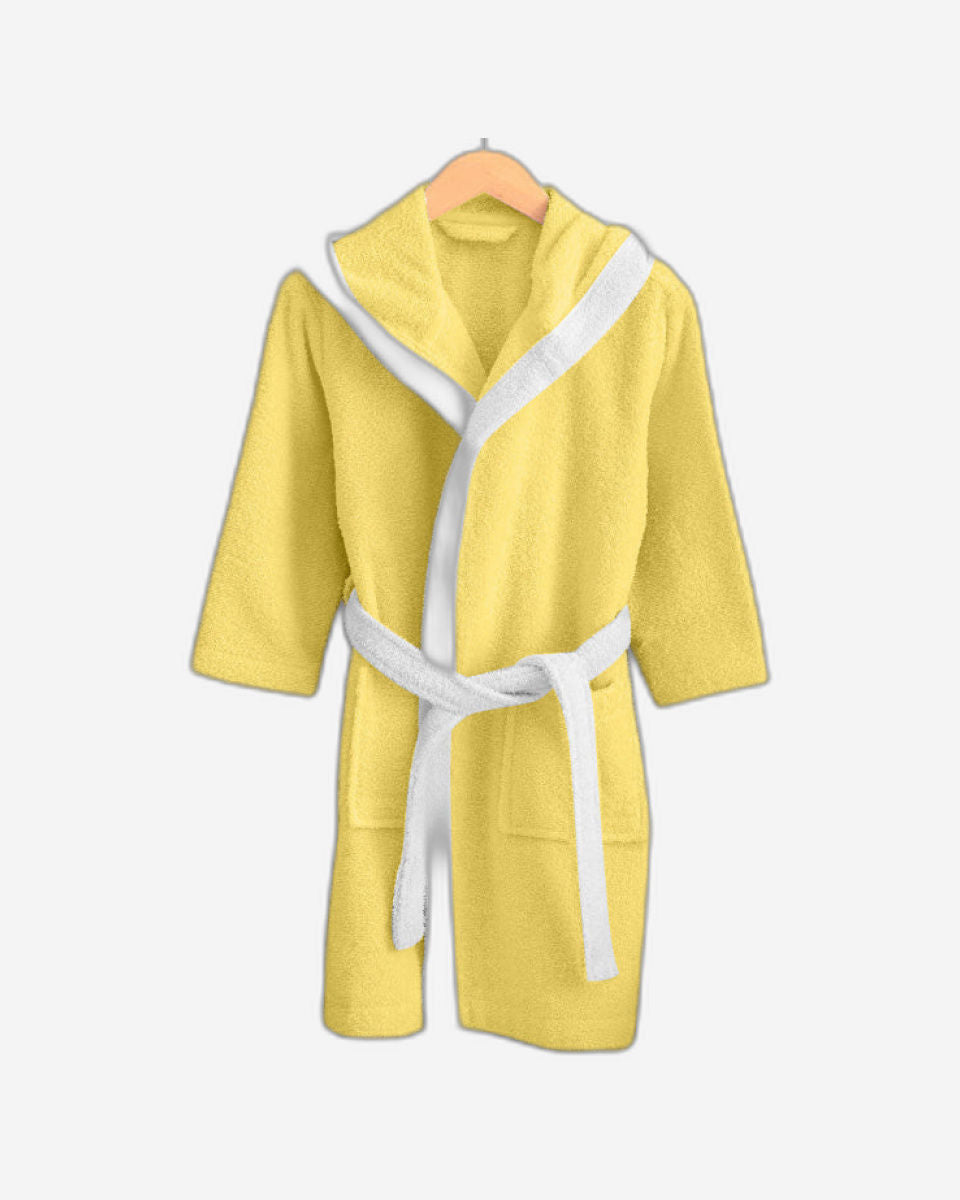 Cotton Home Duck Embroidered Kids Bathrobe with Hood and Tie Up Belt Yellow