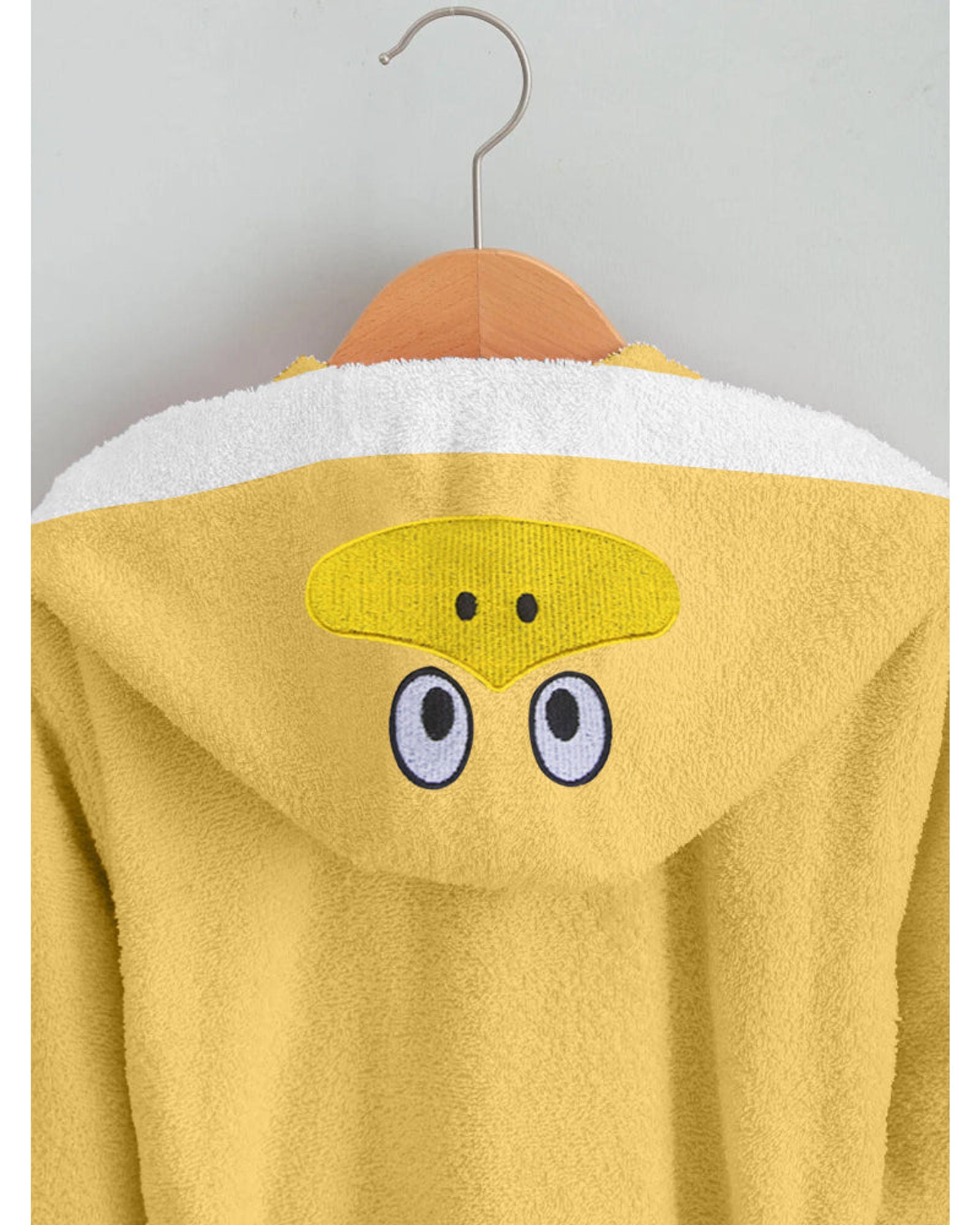 Cotton Home Duck Embroidered Kids Bathrobe with Hood and Tie Up Belt Yellow