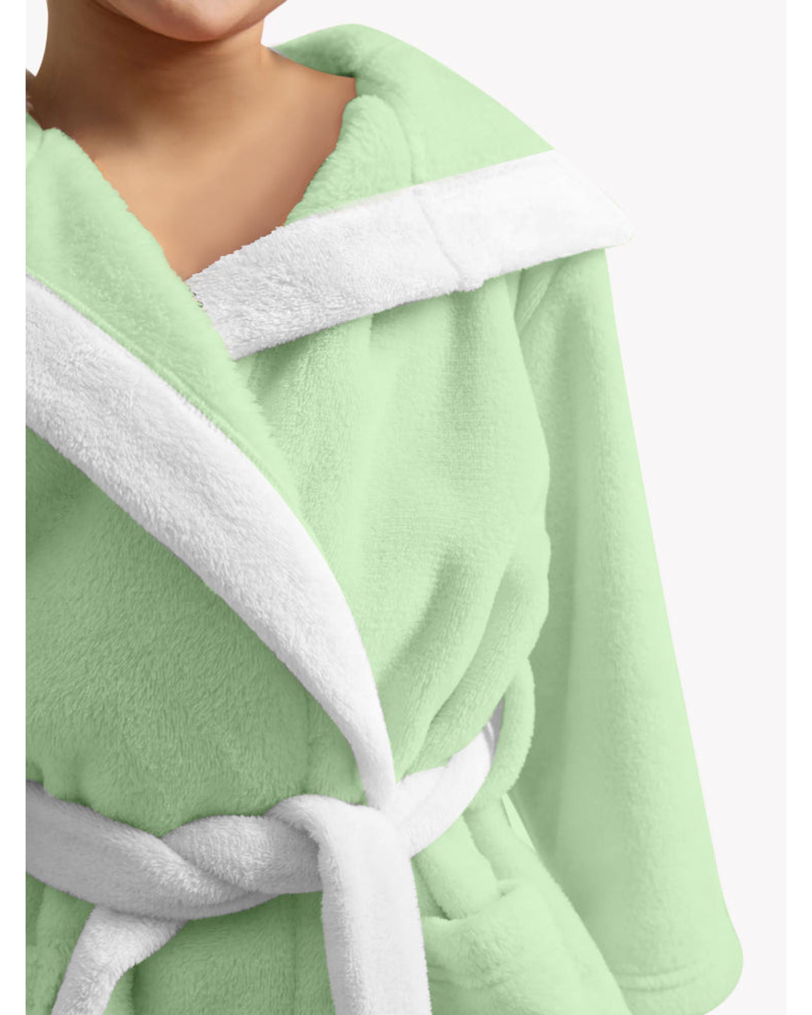 Cotton Home Polar Bear Embroidered Kids Bathrobe with Hood and Tie Up Belt Mint Green