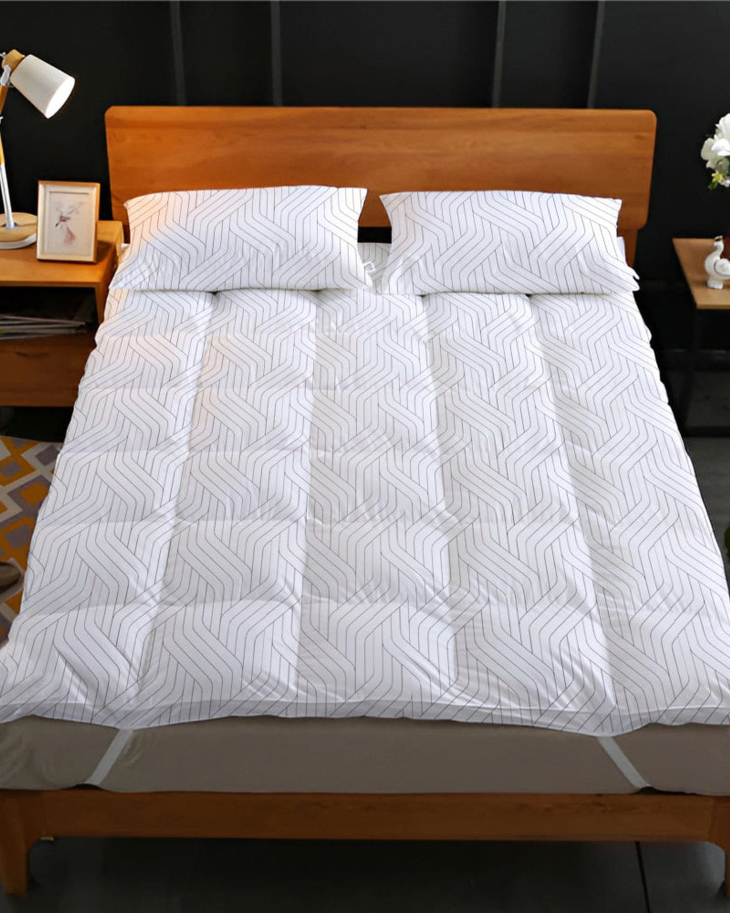 Cotton Home Mattress Topper Set 3Pc White/Grey Geometric