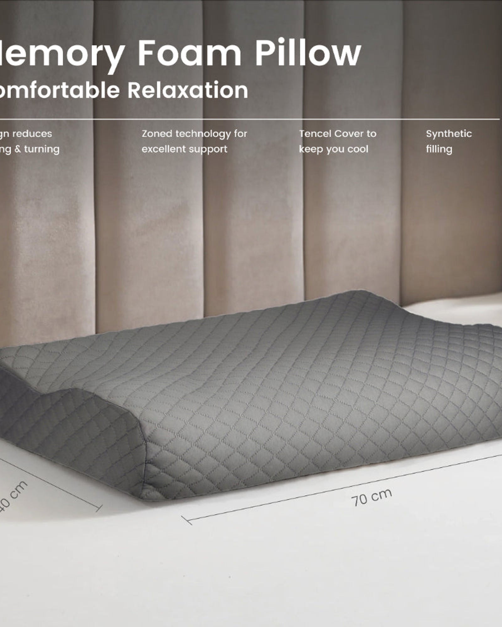 Cotton Home Smooth Memory Foam Pillow Anti-stress Fabric Grey