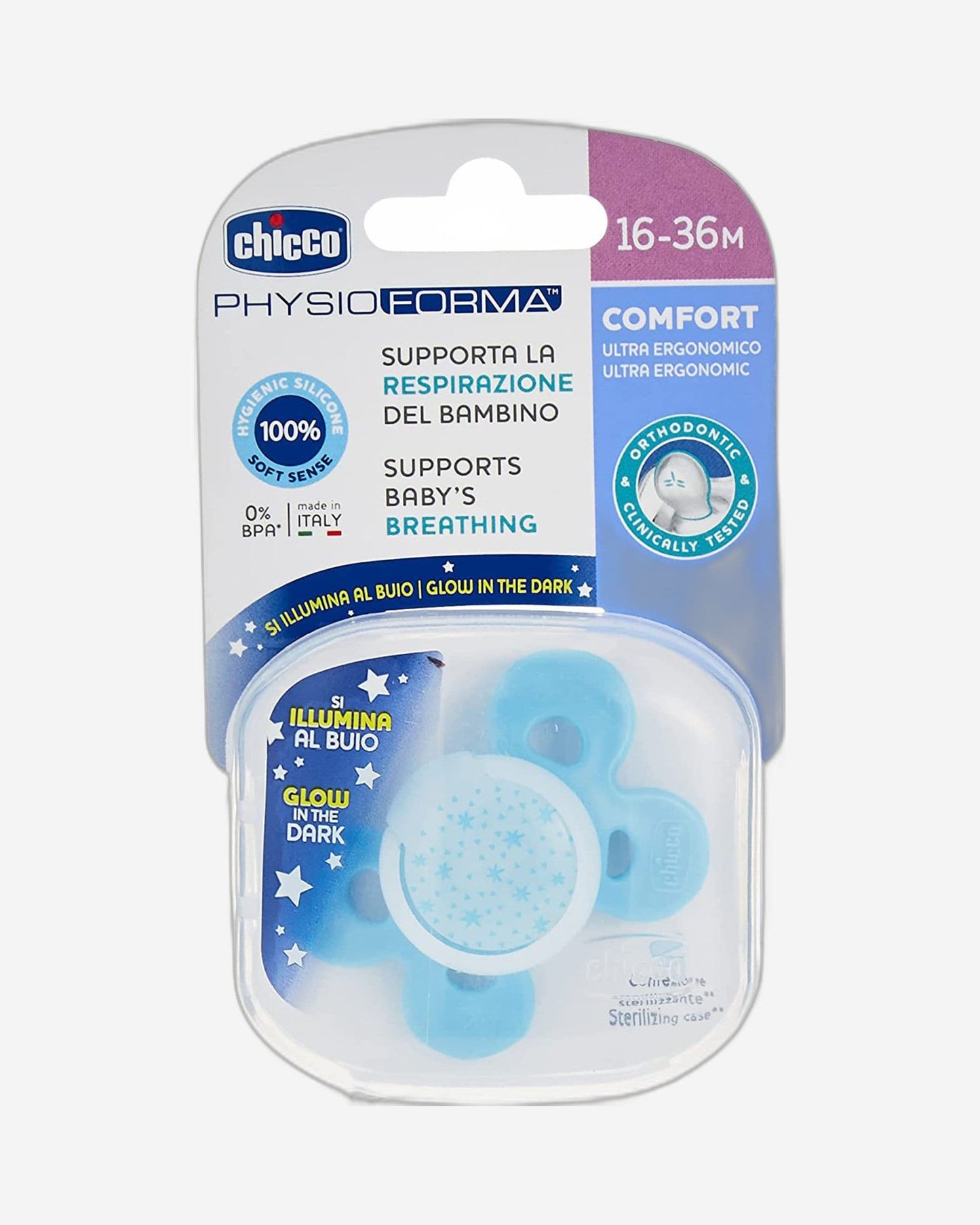 CHICCO PHYSIOFORMA COMFORT SILICONE BABY PACIFIER 16-36M 1 PC LUMI NIGHT