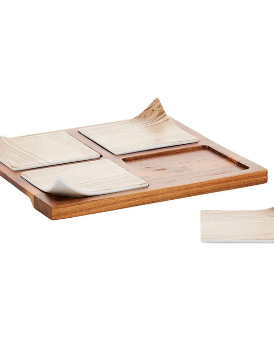 Shallow Serving Platter with 4 Small Dishes - 24.5x24.5x4cm | Ceramic Serving Tray Set for Appetizers, Snacks, and Dips