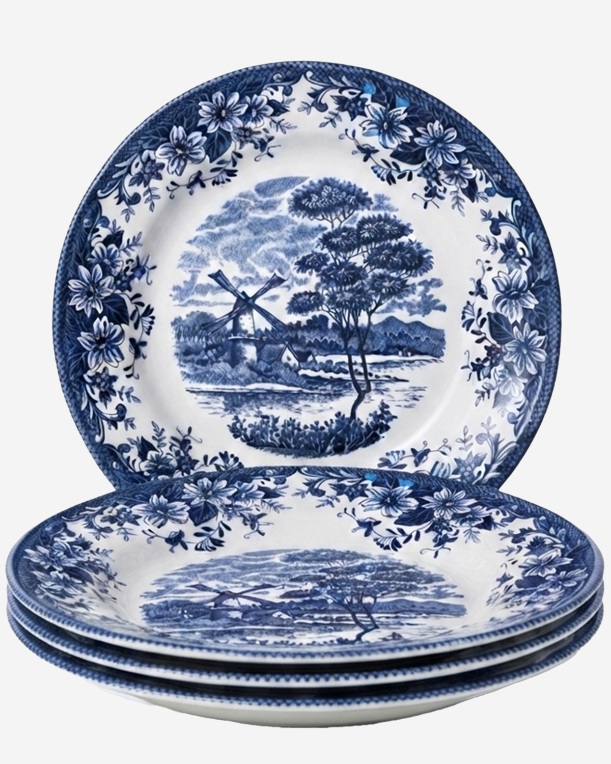 Claytan Classic Blue Windmill & Floral Pattern Earthenware Dinner Plate, 10.2 Inch, White, Set of 4