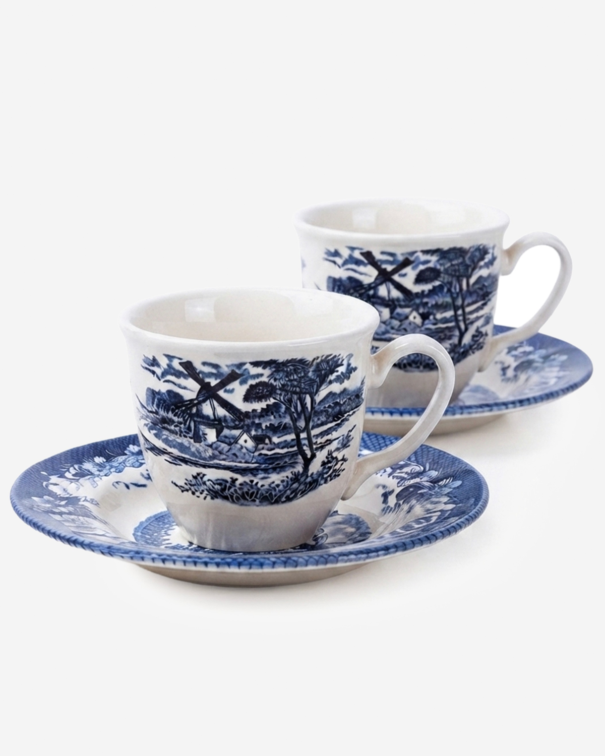 Claytan Classic Windmill Pattern Blue Earthenware Espresso Cup & Saucer Set, 90ml, White