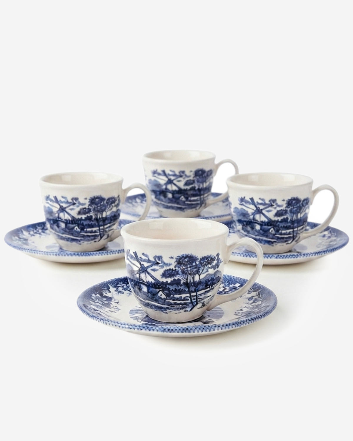 Claytan Classic Windmill Pattern Blue Earthenware Espresso Cup & Saucer Set, 90ml, White, Set of 4