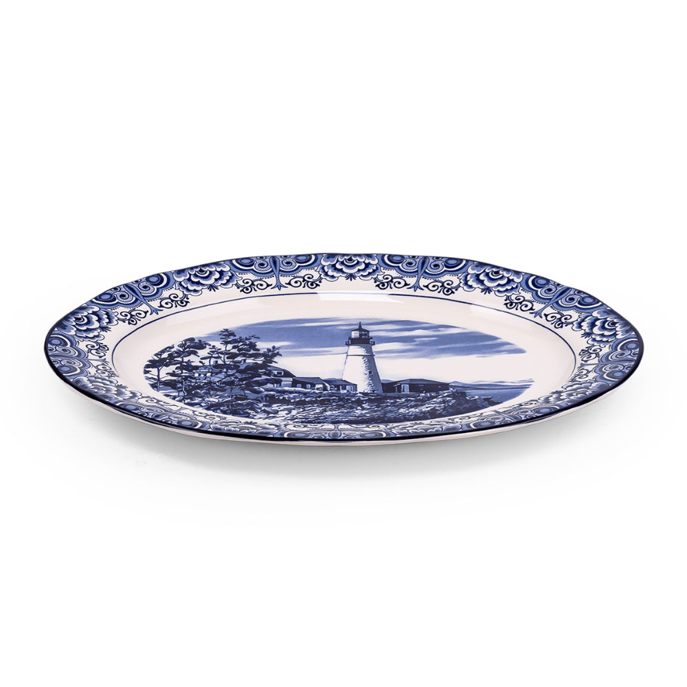 Claytan Lighthouse Blue 14.2-Inch Ceramic Oval Platter (Set of 1)