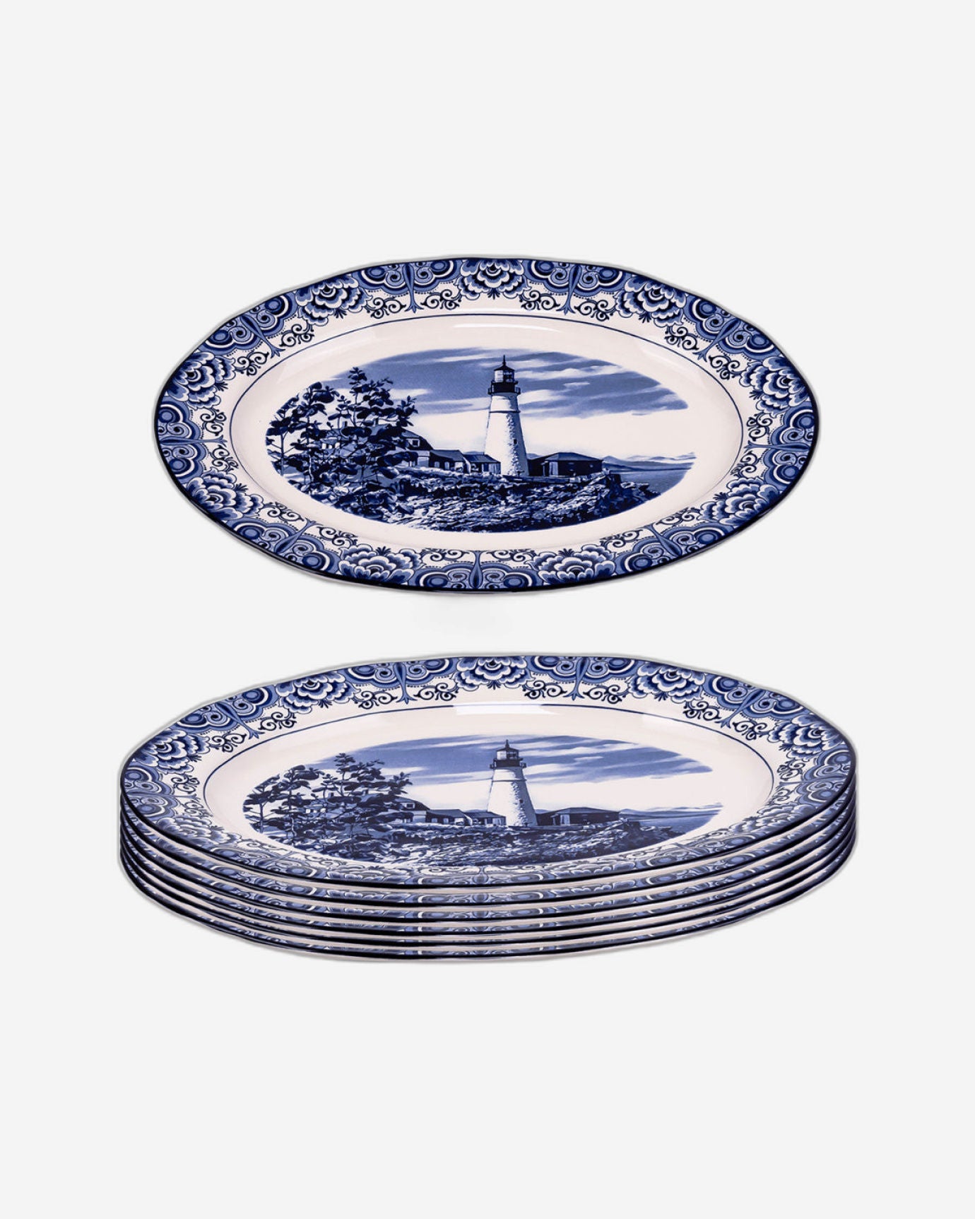 Claytan Lighthouse Blue 14.2-Inch Ceramic Oval Platter (Set of 1)