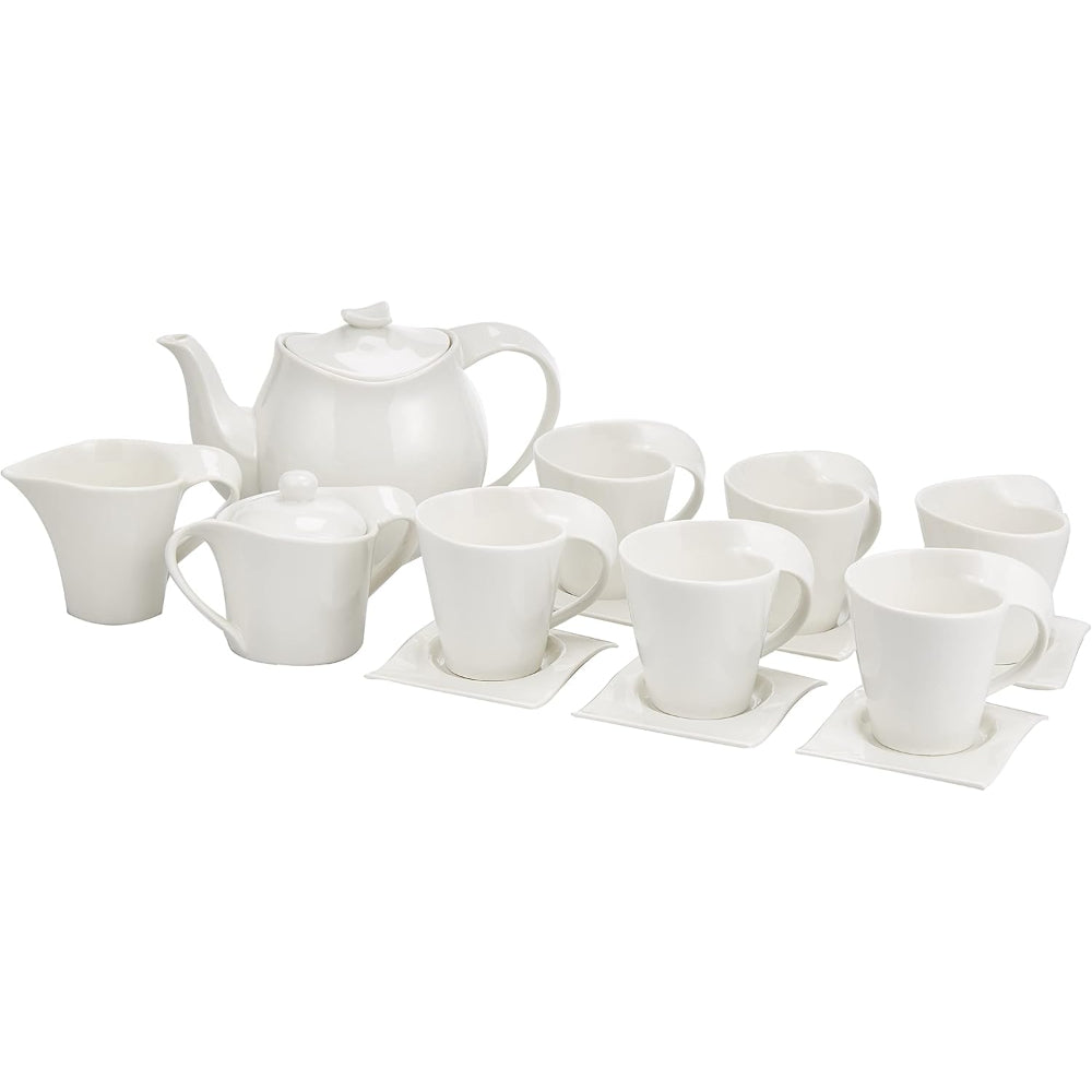 Shallow Bone China Tea Set, White - 15-Piece Set with 1050ml Teapot, 175ml Creamer, 175ml Sugar Bowl, 6x 150ml Cups, and 6 Saucers