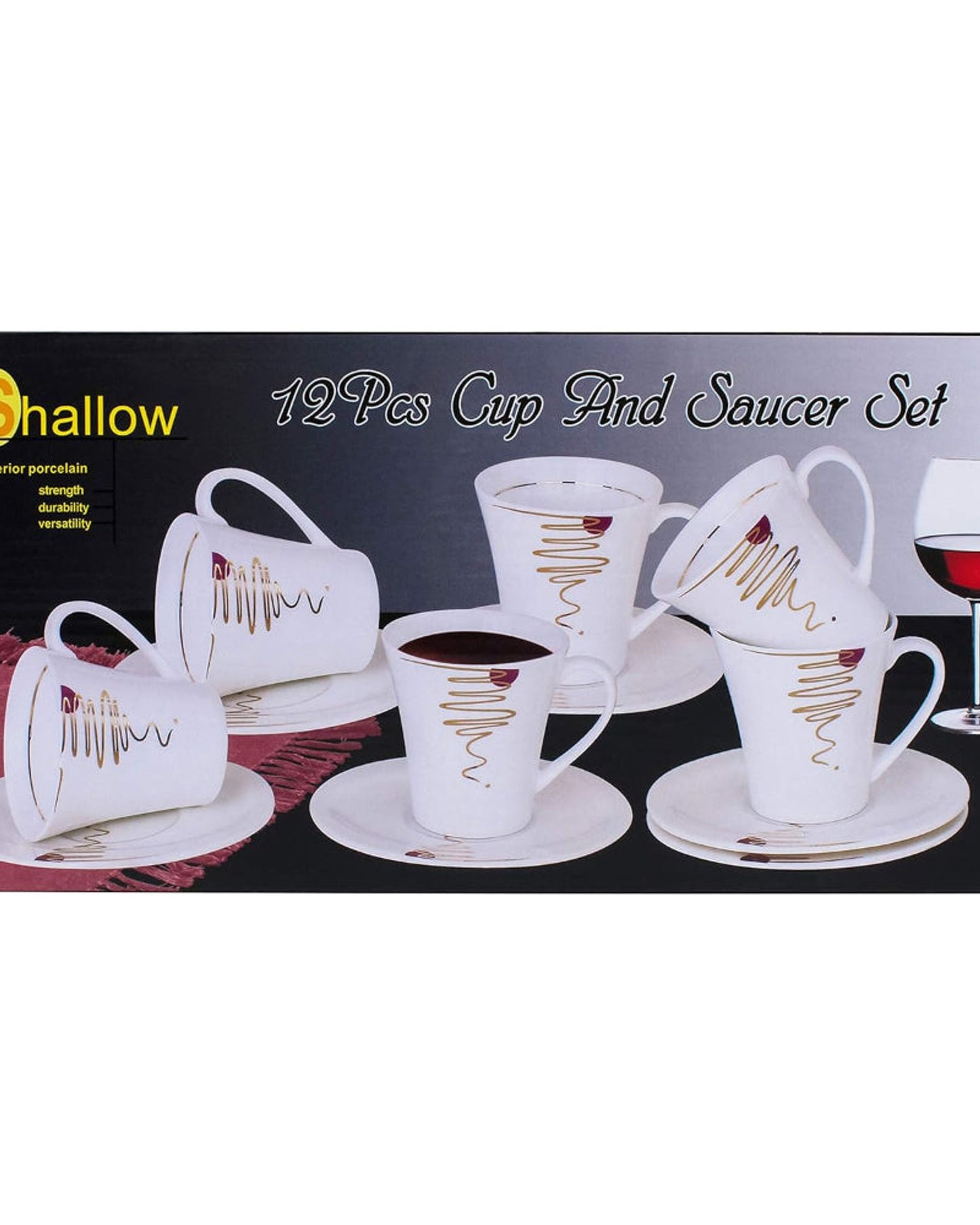 Shallow Bone China Cups and Saucers Set, White/Gold, 200ml, 12 Pieces – Elegant Tea and Coffee Set