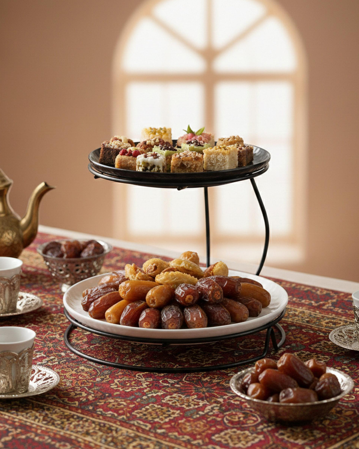Shallow 2-Tier Serving Stand Hammered Porcelain