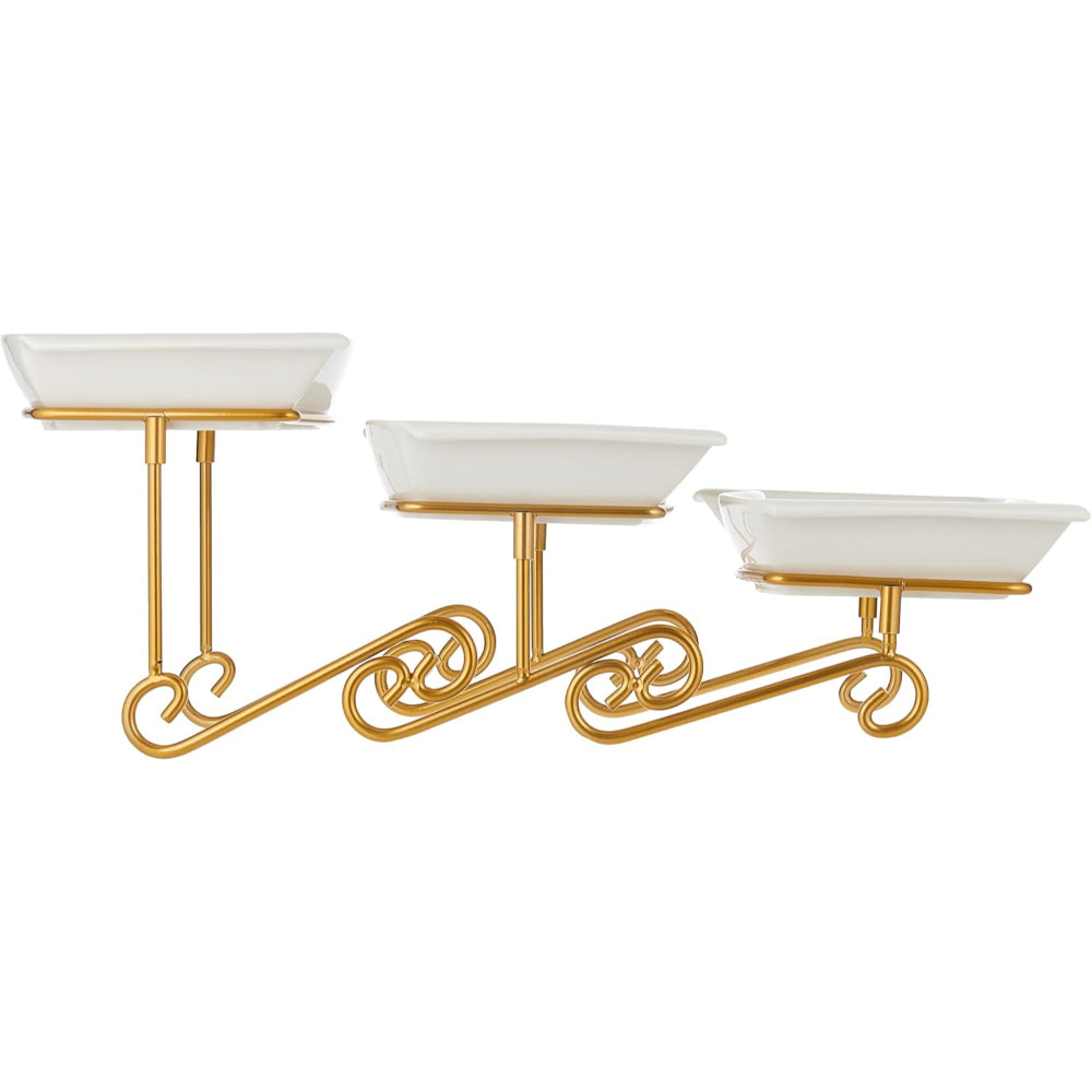 Shallow 3-Tier Serving Plate with Gold Rack, White, 3x30 cm – Elegant Dessert and Food Display Stand