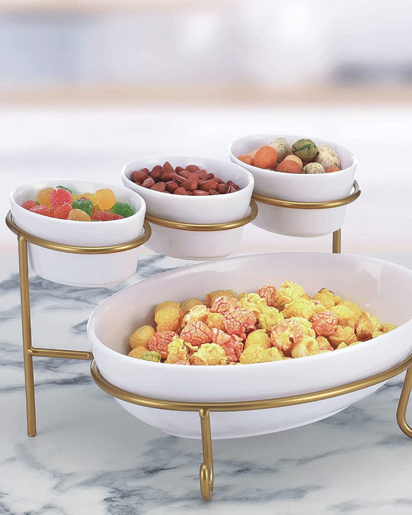Shallow 4"/9.25" 2 Tier Serving Stand Oval Serving Bowl with Metal Rack, Tied Serving Tray Food Display Dessert Appetizer, Serving Bowl Fruit Chip Dip Bowl Set White/Gold
