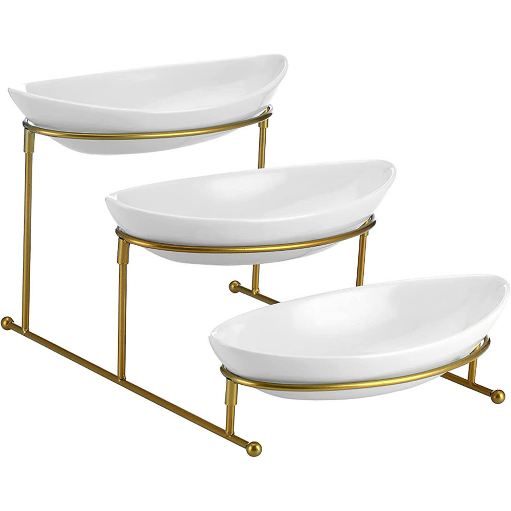 Shallow 11inches 3 Tier Oval Bowl with Gold Stand, Tied Serving Tray Food Display Dessert Appetizer, Serving Bowl Fruit Chip Dip Bowl Set for Parties, Gold, White/Gold