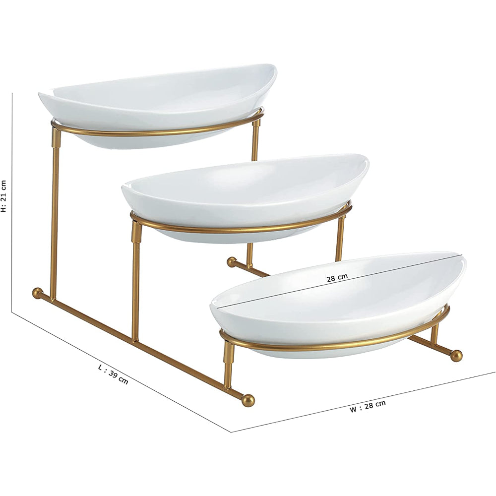 Shallow 11inches 3 Tier Oval Bowl with Gold Stand, Tied Serving Tray Food Display Dessert Appetizer, Serving Bowl Fruit Chip Dip Bowl Set for Parties, Gold, White/Gold