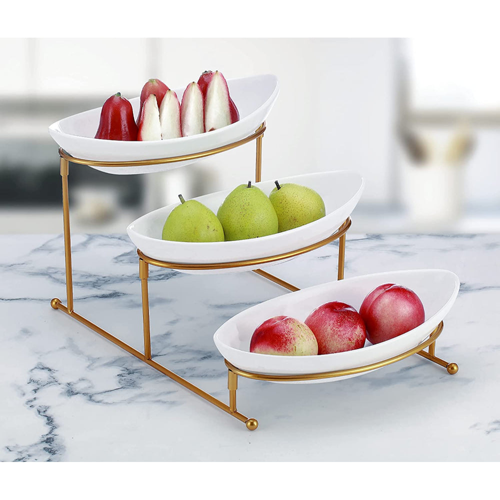 Shallow 11inches 3 Tier Oval Bowl with Gold Stand, Tied Serving Tray Food Display Dessert Appetizer, Serving Bowl Fruit Chip Dip Bowl Set for Parties, Gold, White/Gold