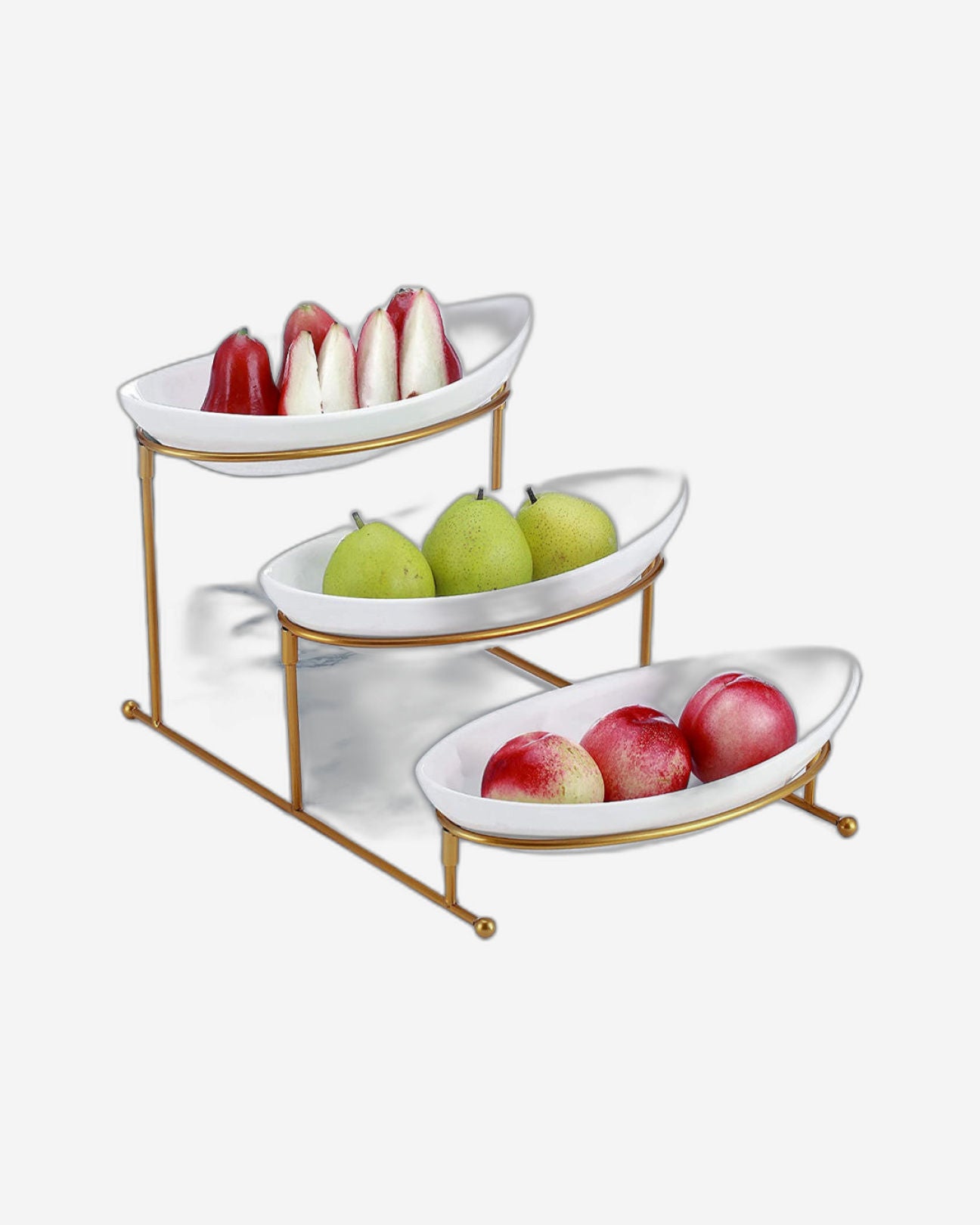 Shallow 11inches 3 Tier Oval Bowl with Gold Stand, Tied Serving Tray Food Display Dessert Appetizer, Serving Bowl Fruit Chip Dip Bowl Set for Parties, Gold, White/Gold