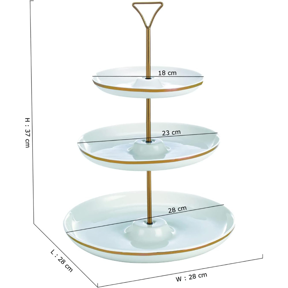 Bone China Shallow 7"/9"/11" 3 Tier Round Plate with Gold Stand and Decal, Tied Serving Tray Food Display Dessert Appetizer, Serving Plate Set for Parties, Gold, White/Gold, DY178-DG