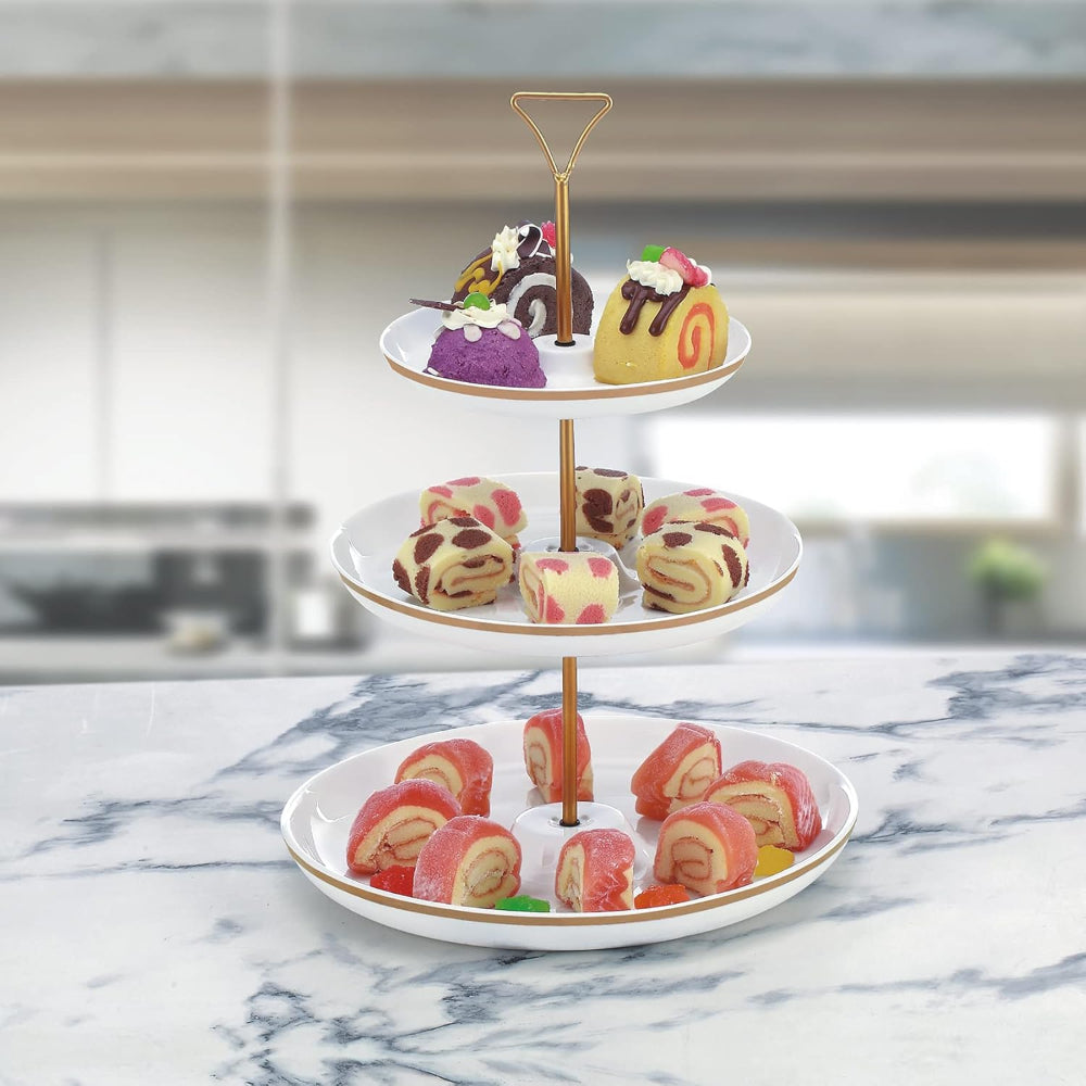 Bone China Shallow 7"/9"/11" 3 Tier Round Plate with Gold Stand and Decal, Tied Serving Tray Food Display Dessert Appetizer, Serving Plate Set for Parties, Gold, White/Gold, DY178-DG