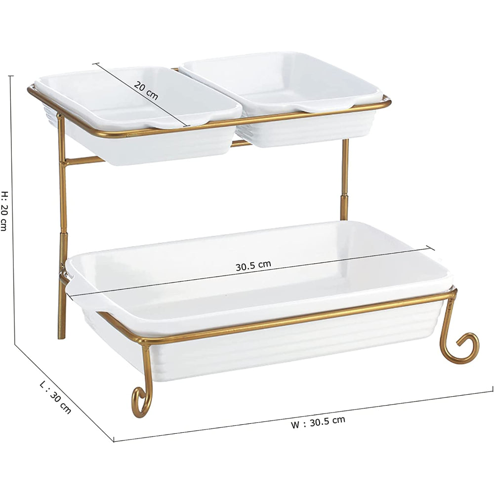 Shallow 8"/12" 2 Tier Rectangle Serving Set with Gold Stand, Tied Serving Tray Food Display Dessert Appetizer, Serving Plate Set for Parties, Gold, White/Gold