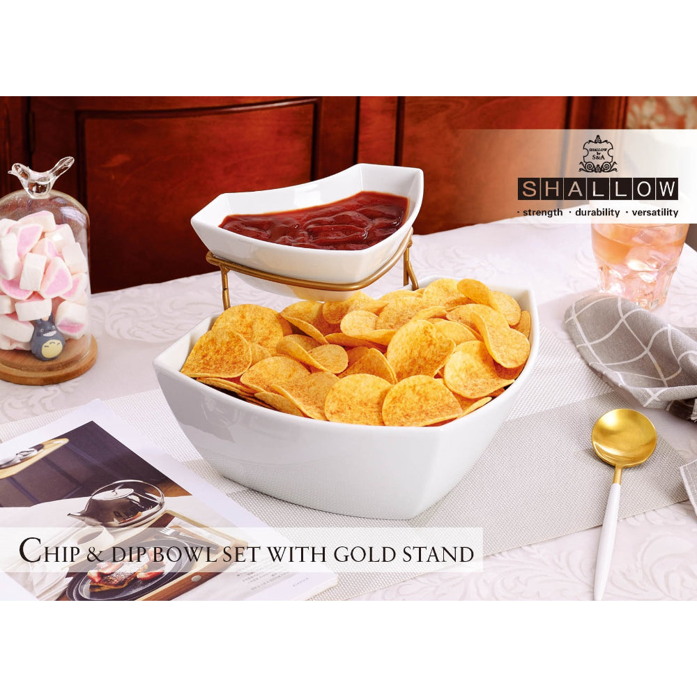 Shallow Porcelain Dip & Chip 2-Piece Set with Gold Stand, White, 30 cm – Elegant Serving Set for Appetizers and Snacks