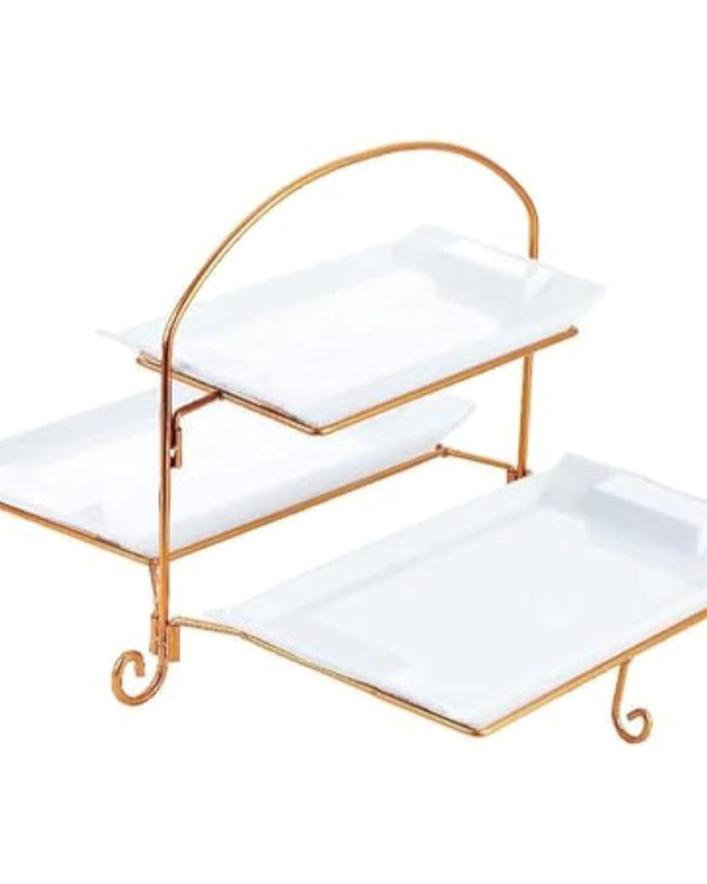 Bone China Shallow 14"/12" 2-Tier Rectangular Plate with Gold Stand – Elegant Serving Platter for Desserts, Appetizers, and Snacks