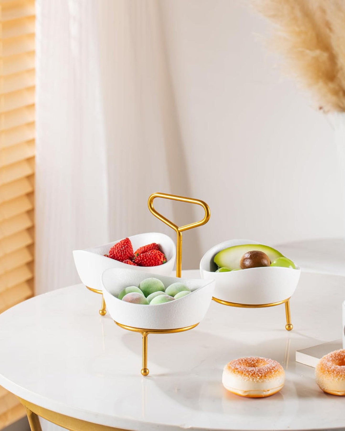 Bone China Shallow Porcelain 3 x 13cm Bowls Serving Set with Gold Stand Rack