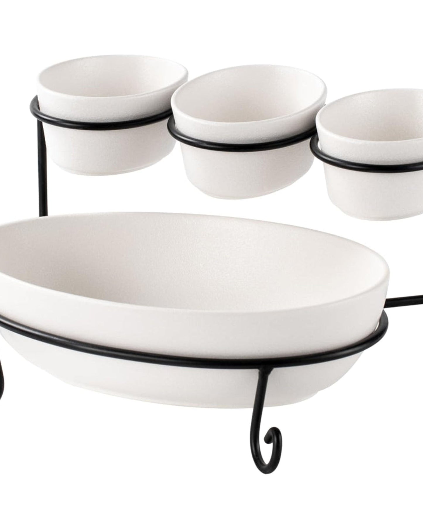 Bone China Shallow Porcelain 2-Tier Oval Serving Set with Black Stand Rack - 3x 10cm and 1x 24cm