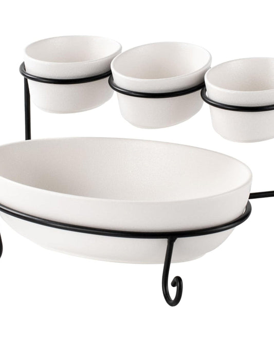 Bone China Shallow Porcelain 2-Tier Oval Serving Set with Black Stand Rack - 3x 10cm and 1x 24cm